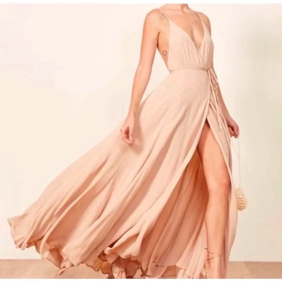 REFORMATION CALLALILY beige cream champagne backless v-neck wrap maxi dress - Picture 14 of 16